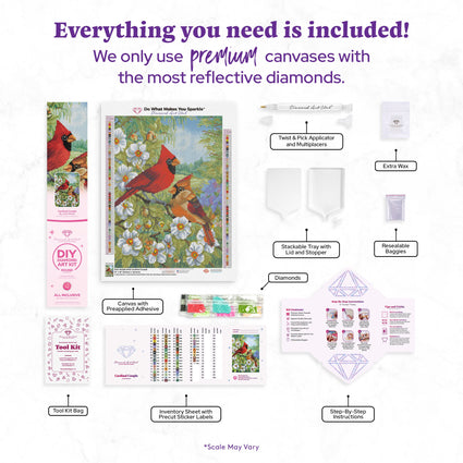 Diamond Painting Cardinal Couple 13" x 18" (32.8cm x 46cm) / Round with 62 Colors including 3 ABs and 1 Fairy Dust Diamonds / 19,188
