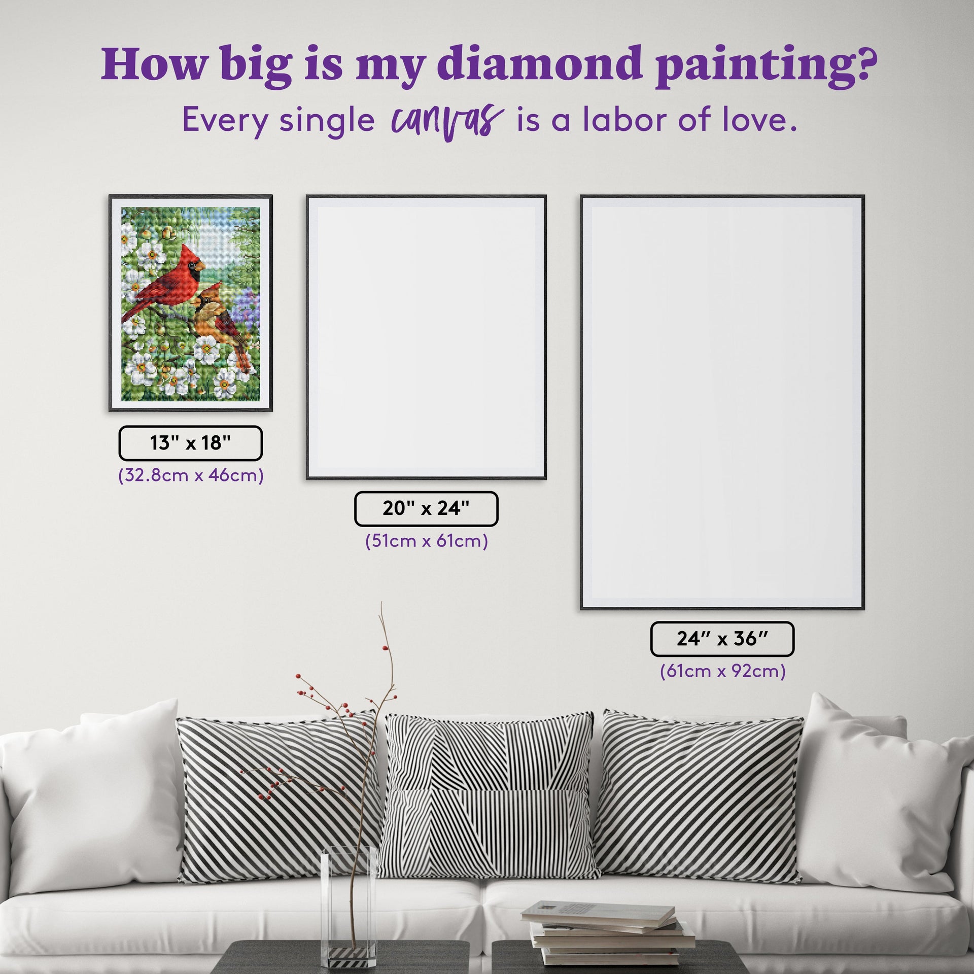Diamond Painting Cardinal Couple 13" x 18" (32.8cm x 46cm) / Round with 62 Colors including 3 ABs and 1 Fairy Dust Diamonds / 19,188