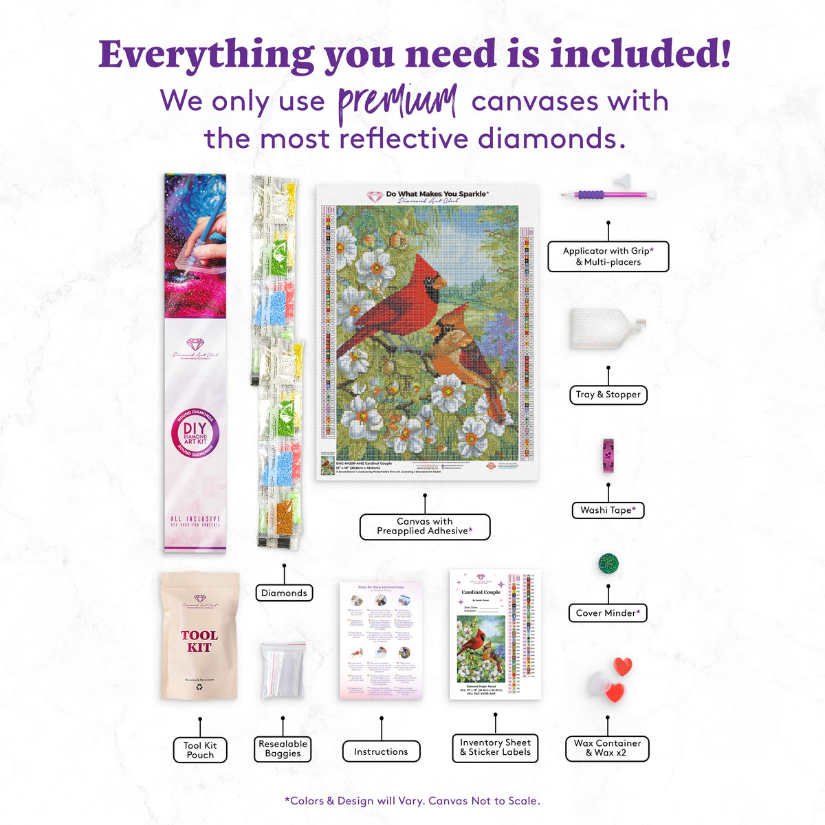 Diamond Painting Cardinal Couple 13" x 18" (32.8cm x 46cm) / Round with 62 Colors including 3 ABs and 1 Fairy Dust Diamonds / 19,188