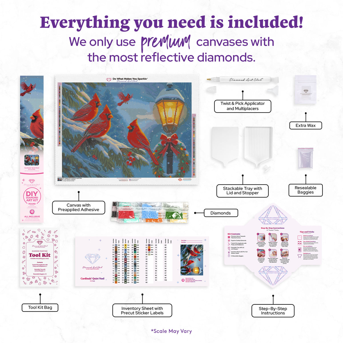 Diamond Painting Cardinals' Quiet Noel 30" x 22" (75.9cm x 55.6cm) / Round with 56 Colors including 1 AB and 3 Fairy Dust Diamonds / 55,752