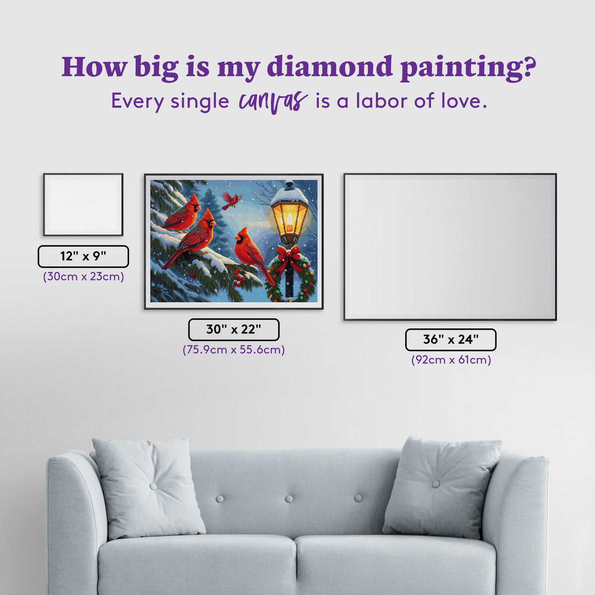 Diamond Painting Cardinals' Quiet Noel 30" x 22" (75.9cm x 55.6cm) / Round with 56 Colors including 1 AB and 3 Fairy Dust Diamonds / 55,752