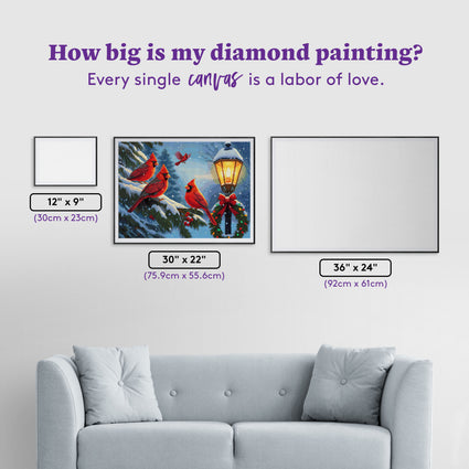 Diamond Painting Cardinals' Quiet Noel 30" x 22" (75.9cm x 55.6cm) / Round with 56 Colors including 1 AB and 3 Fairy Dust Diamonds / 55,752