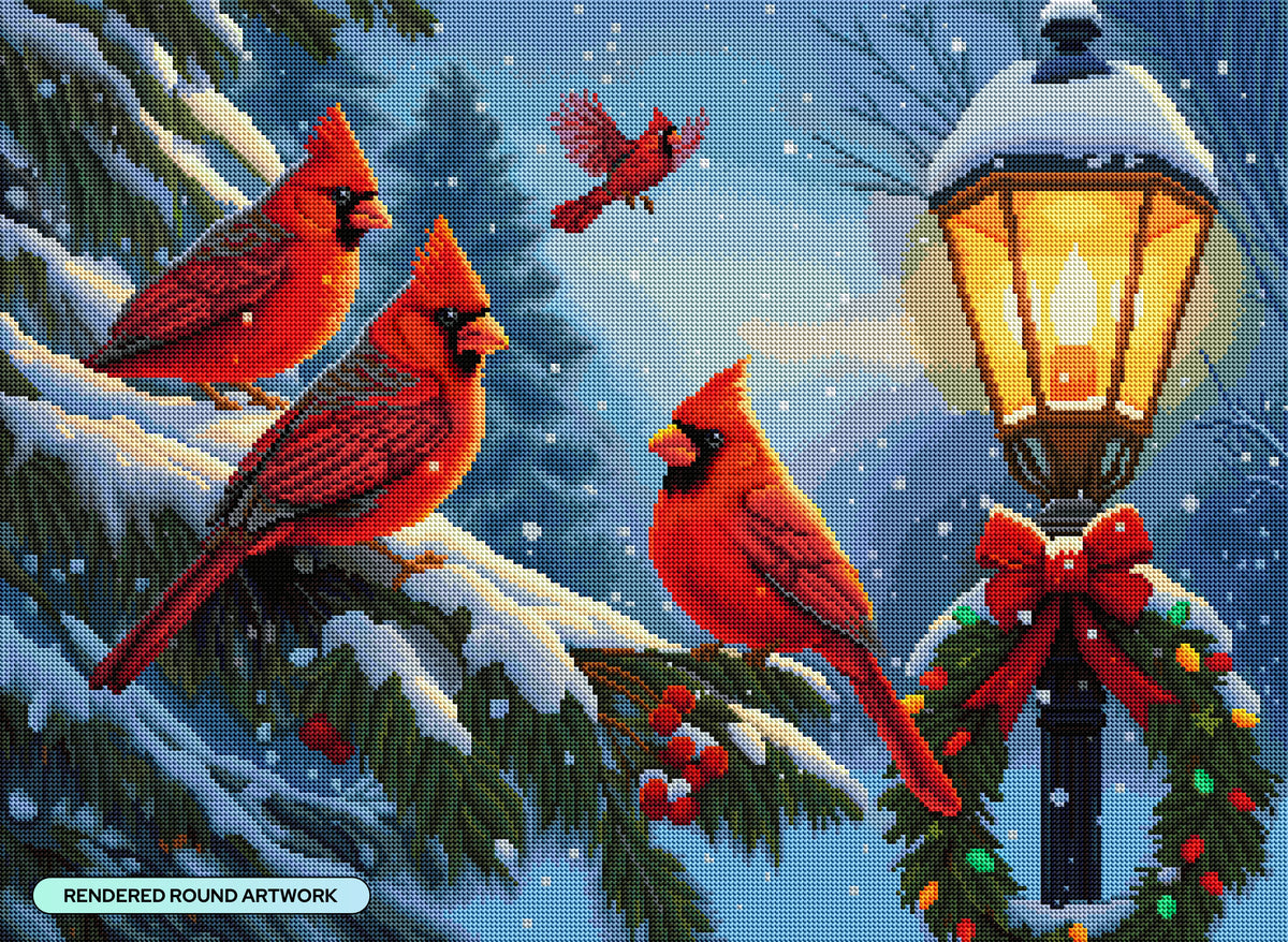 Diamond Painting Cardinals' Quiet Noel 30" x 22" (75.9cm x 55.6cm) / Round with 56 Colors including 1 AB and 3 Fairy Dust Diamonds / 55,752