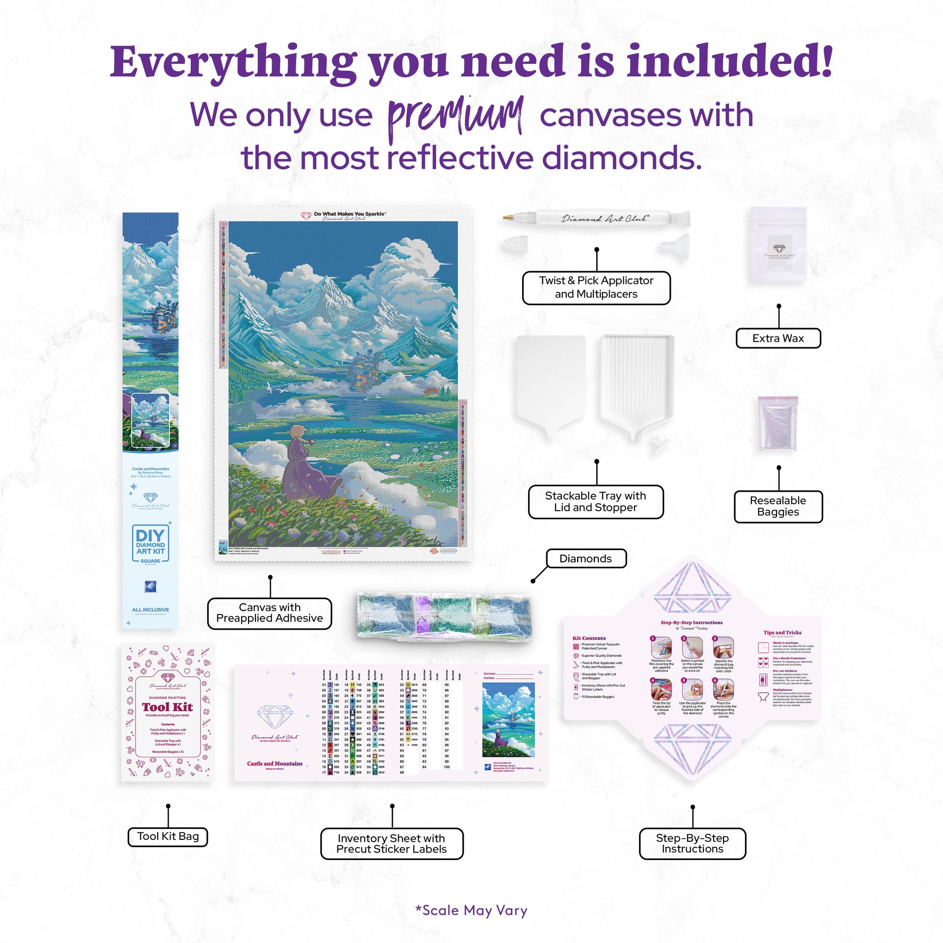 Diamond Painting Castle and Mountains 25.6" x 36.2" (65cm x 91.8cm) / Square with 63 Colors including 1 AB and 5 Fairy Dust Diamonds / 96,309