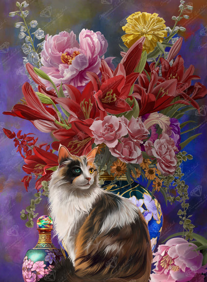 Diamond Painting Cat and Flowers Chinoiserie 22" x 30" (55.8cm x 76cm) / Square with 70 Colors including 4 ABs and 3 Fairy Dust Diamonds / 68,320