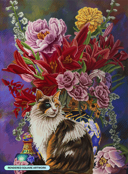 Diamond Painting Cat and Flowers Chinoiserie 22" x 30" (55.8cm x 76cm) / Square with 70 Colors including 4 ABs and 3 Fairy Dust Diamonds / 68,320
