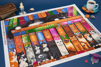 Diamond Painting Cat Bookshelf 34.3" x 27.6" (87cm x 70cm) / Square with 58 Colors including 4 ABs / 98,069