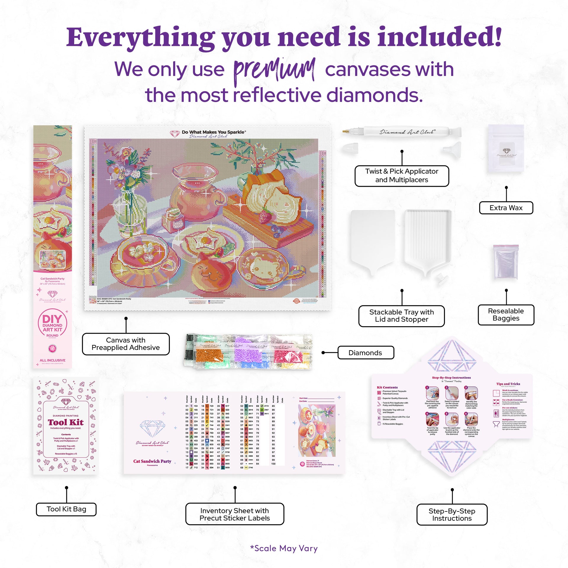 Diamond Painting Cat Sandwich Party 28" x 20" (70.7cm x 50.6cm) / Round With 71 Colors Including 2 ABs and 4 Fairy Dust Diamonds / 47,288