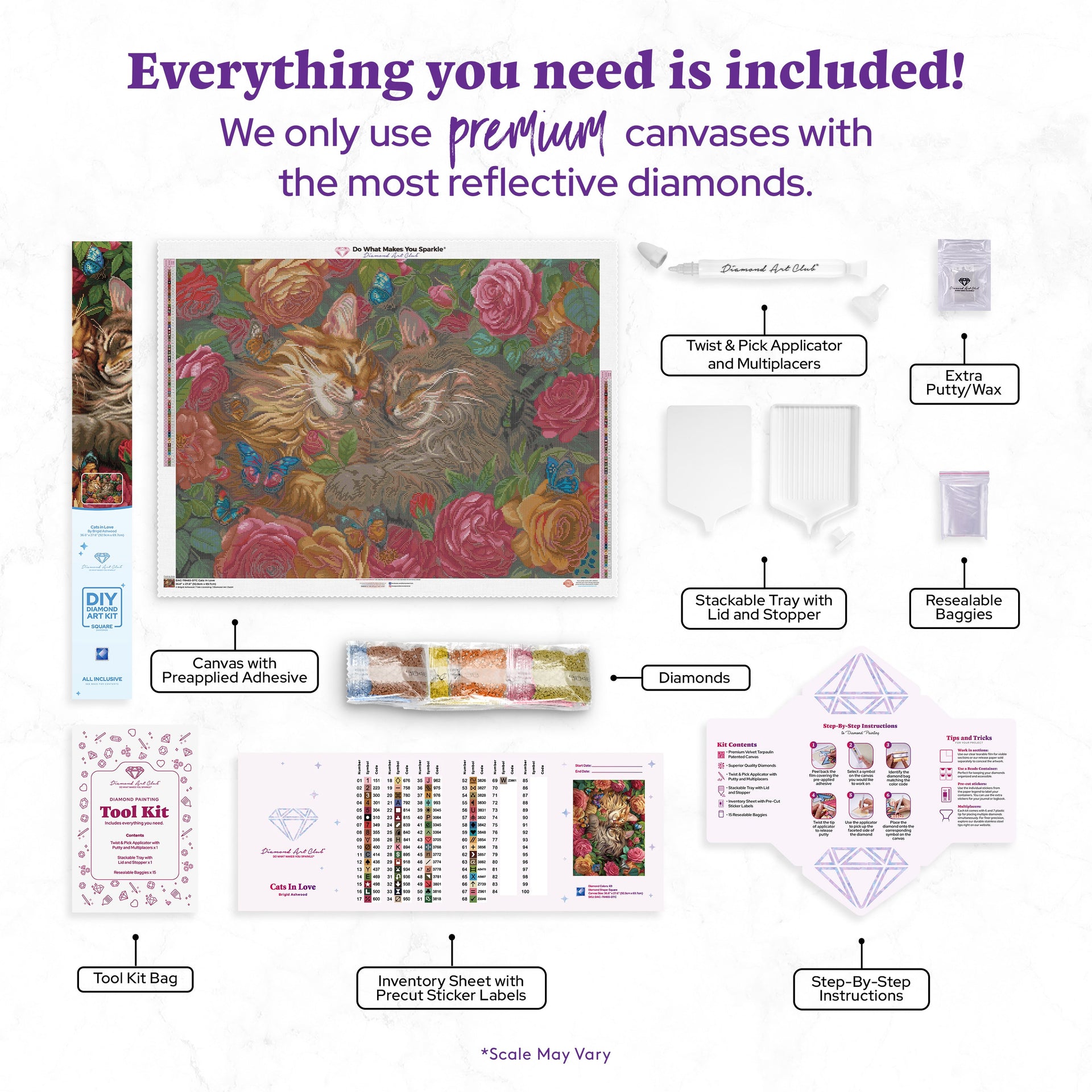 Diamond Painting Cats in Love 36.6" x 27.6" (92.9cm x 69.7cm) / Square With 69 Colors Including 2 ABs and 4 Fairy Dust Diamonds / 104,440