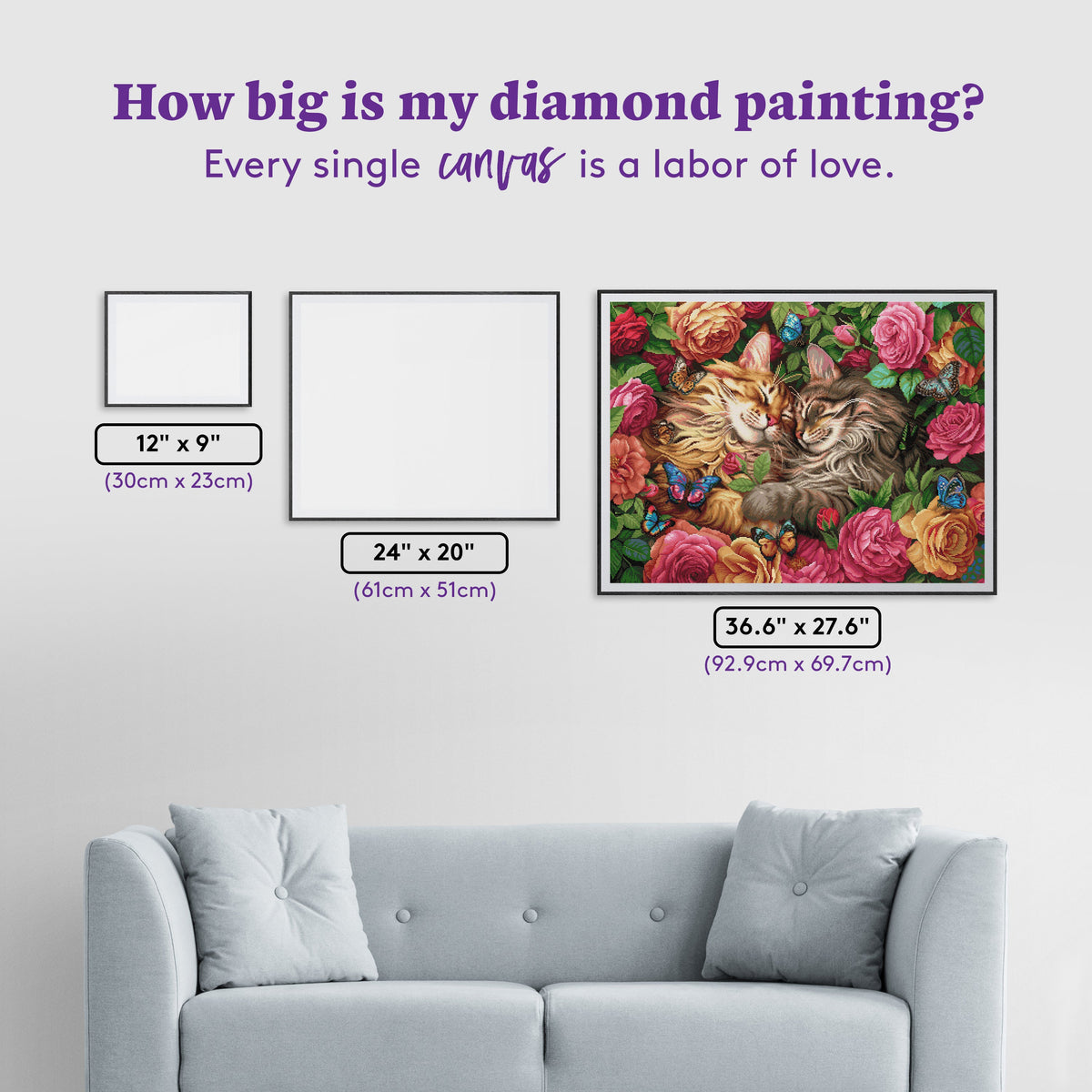 Diamond Painting Cats in Love 36.6" x 27.6" (92.9cm x 69.7cm) / Square With 69 Colors Including 2 ABs and 4 Fairy Dust Diamonds / 104,440
