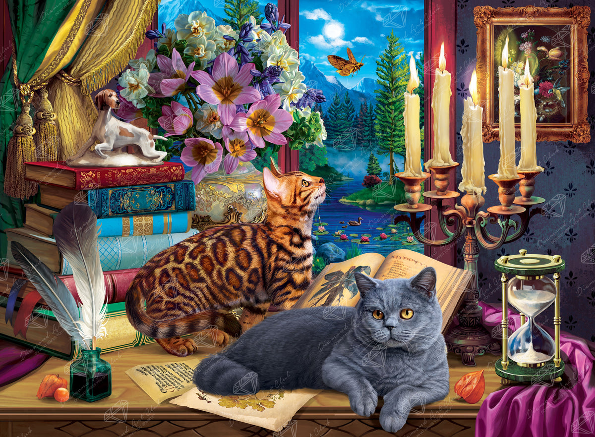 Diamond Painting Cats Near the Window at Night 37.4" x 27.6″ (95cm x 70cm) / Square with 63 Colors including 3 ABs / 104,428