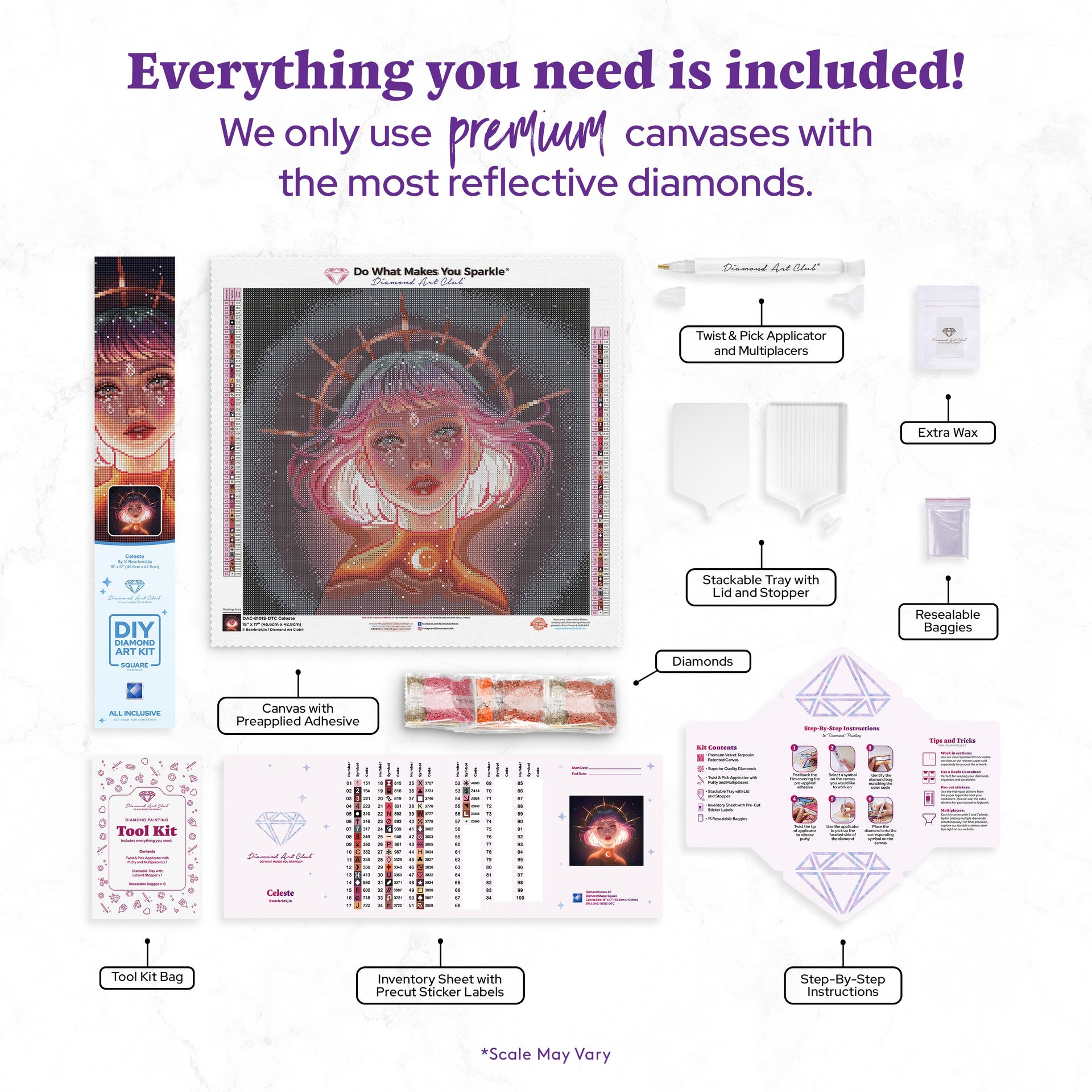 Diamond Painting Celeste 18" x 17" (45.6cm x 42.8cm) / Square with 57 Colors including 1 AB and 5 Fairy Dust Diamonds / 31,476