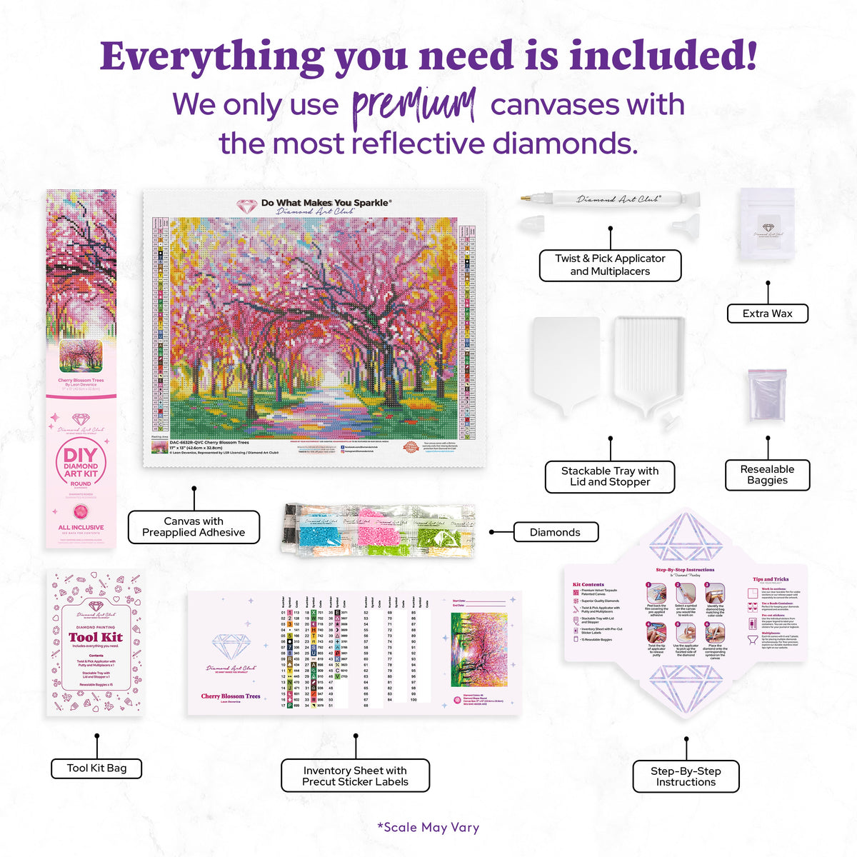 Diamond Painting Cherry Blossom Trees 17" x 13" (42.6cm x 32.8cm) / Round with 46 Colors including 4 ABs and 1 Fairy Dust Diamonds / 17,784