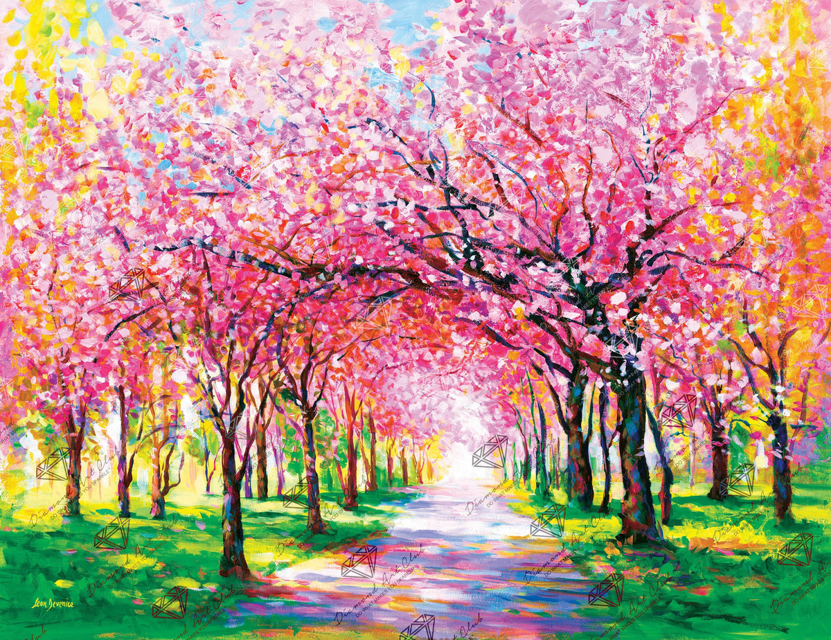 Diamond Painting Cherry Blossom Trees 17" x 13" (42.6cm x 32.8cm) / Round with 46 Colors including 4 ABs and 1 Fairy Dust Diamonds / 17,784