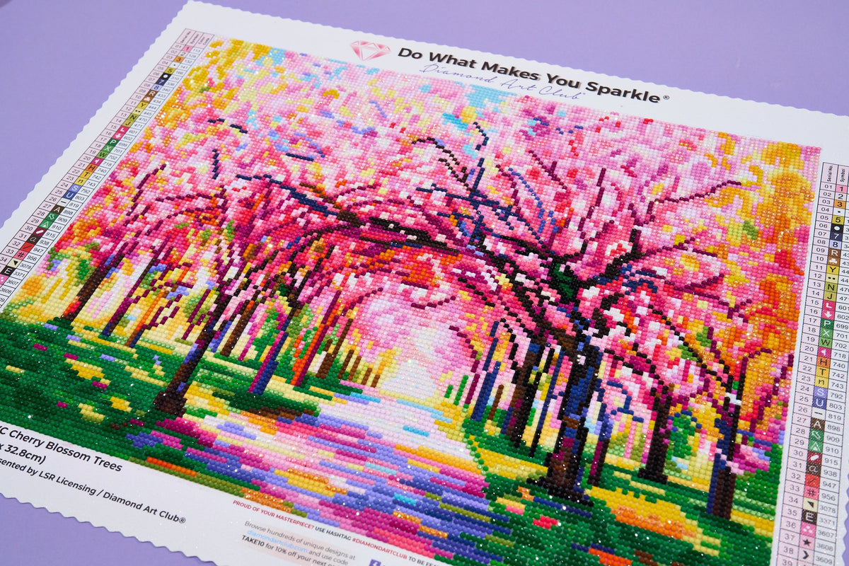 Diamond Painting Cherry Blossom Trees 17" x 13" (42.6cm x 32.8cm) / Round with 46 Colors including 4 ABs and 1 Fairy Dust Diamonds / 17,784
