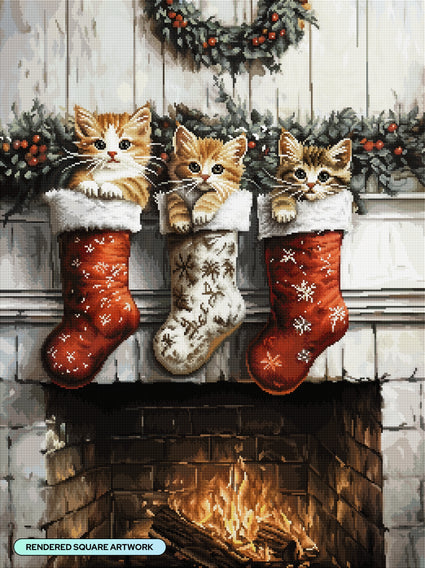 Diamond Painting Christmas Morning Kittens 25.6" x 34.3" (65cm x 86.9cm) / Square with 51 Colors including 1 AB and 4 Fairy Dust Diamonds / 91,089