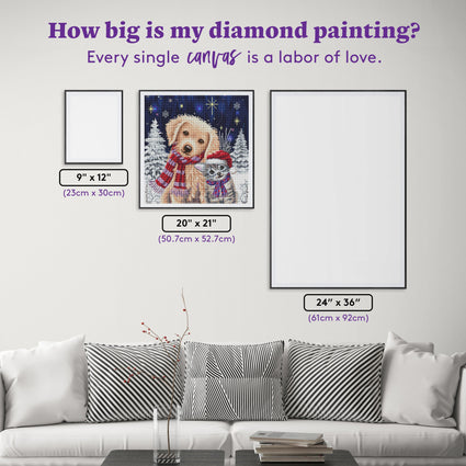 Diamond Painting Christmas Puppy and Kitten 20" x 21" (50.7cm x 52.7cm) / Round with 43 Colors including 4 ABs and 2 Fairy Dust Diamonds / 34,028