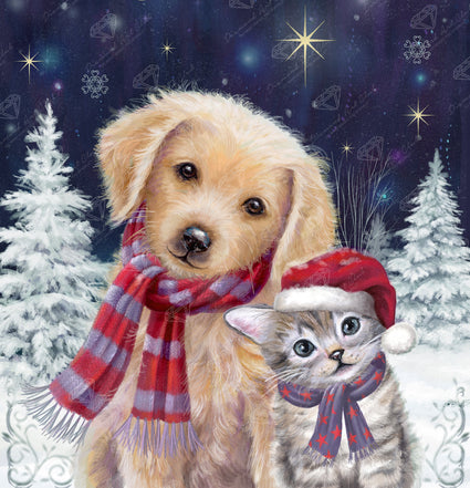Diamond Painting Christmas Puppy and Kitten 20" x 21" (50.7cm x 52.7cm) / Round with 43 Colors including 4 ABs and 2 Fairy Dust Diamonds / 34,028