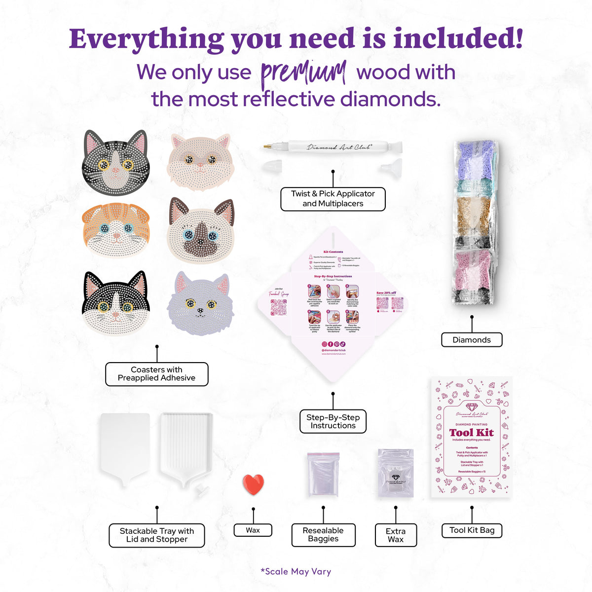 Diamond Painting Coasters - Cats 4" x 4" (10cm x 10cm) / Round with 24 Colors including 24 Iridescent Diamonds / 3,300