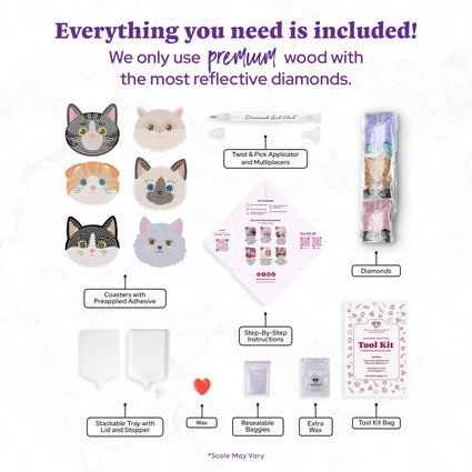 Diamond Painting Coasters - Cats 4" x 4" (10cm x 10cm) / Round with 24 Colors including 24 Iridescent Diamonds / 3,300