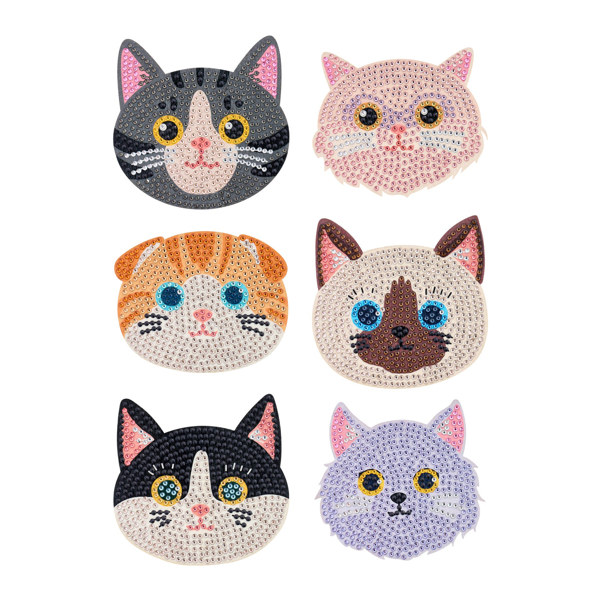 Diamond Painting Coasters - Cats 4" x 4" (10cm x 10cm) / Round with 24 Colors including 24 Iridescent Diamonds / 3,300