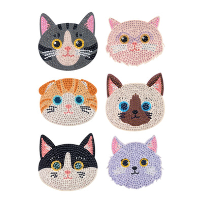 Diamond Painting Coasters - Cats 4" x 4" (10cm x 10cm) / Round with 24 Colors including 24 Iridescent Diamonds / 3,300