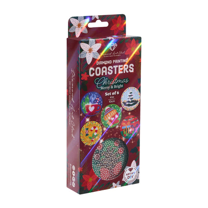 Diamond Painting Coasters - Christmas Merry & Bright 4" x 4" (10cm x 10cm) / Round with 28 Colors including 28 Iridescent Diamonds / 1,920