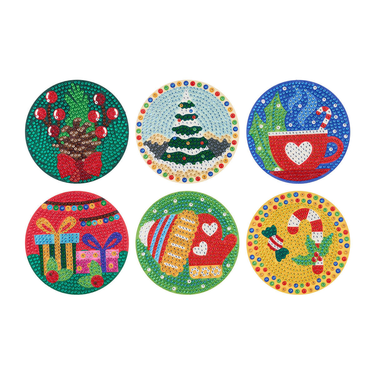 Diamond Painting Coasters - Christmas Merry & Bright 4" x 4" (10cm x 10cm) / Round with 28 Colors including 28 Iridescent Diamonds / 1,920
