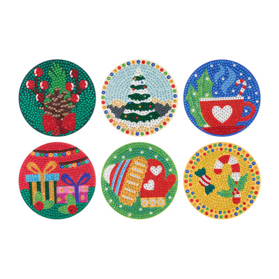 Diamond Painting Coasters - Christmas Merry & Bright 4" x 4" (10cm x 10cm) / Round with 28 Colors including 28 Iridescent Diamonds / 1,920