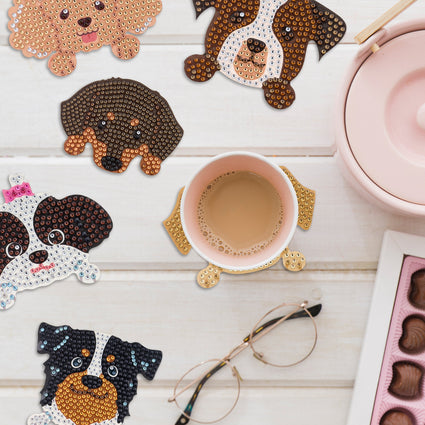 Diamond Painting Coasters - Dogs 4" x 4" (10cm x 10cm) / Round with 24 Colors including 24 Iridescent Diamonds / 2,207