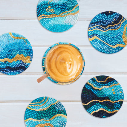Diamond Painting Coasters - Ethereal Ocean 4" x 4" (10cm x 10cm) / Round with 19 Colors including 19 Iridescent Diamonds / 3,375