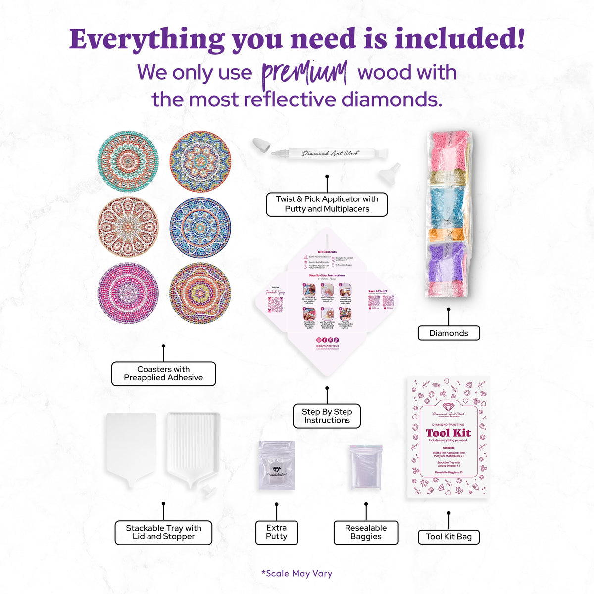 Diamond Painting Coasters - Mandalas 1 4" x 4" (10cm x 10cm) / Round with 12 Colors including 12 Iridescent Diamonds / 4,404