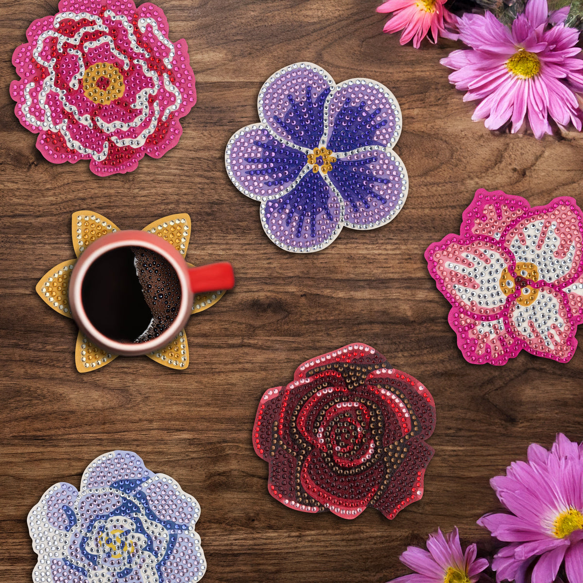 Diamond Painting Coasters - Spring Blossom 4" x 4" (10cm x 10cm) / Round with 20 Colors including 1 AB and 19 Iridescent Diamonds / 3,155