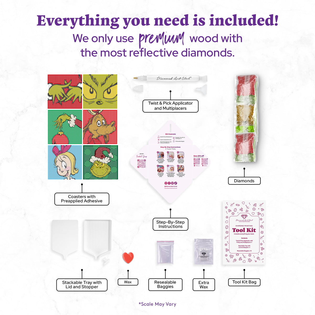 Diamond Painting Coasters - The Grinch™ 4" x 4" (10cm x 10cm) / Round with 19 Colors including 19 Iridescent Diamonds / 5,730