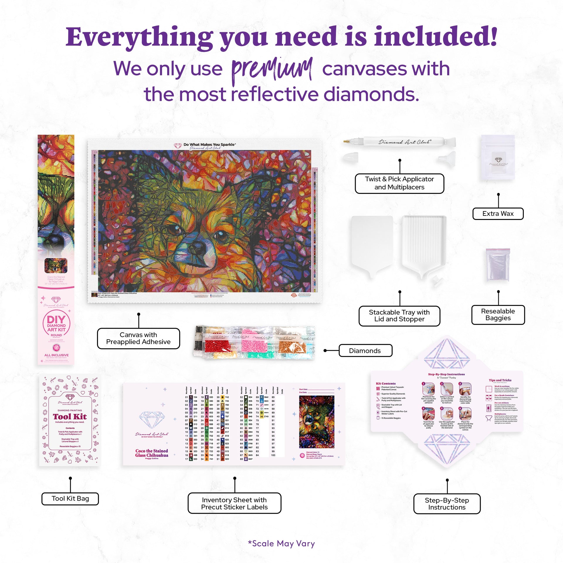 Diamond Painting Coco the Stained Glass Chihuahua 33" x 22" (83.7cm x 55.6cm) / Round with 74 Colors including 3 ABs and 1 Fairy Dust Diamond / 61,408