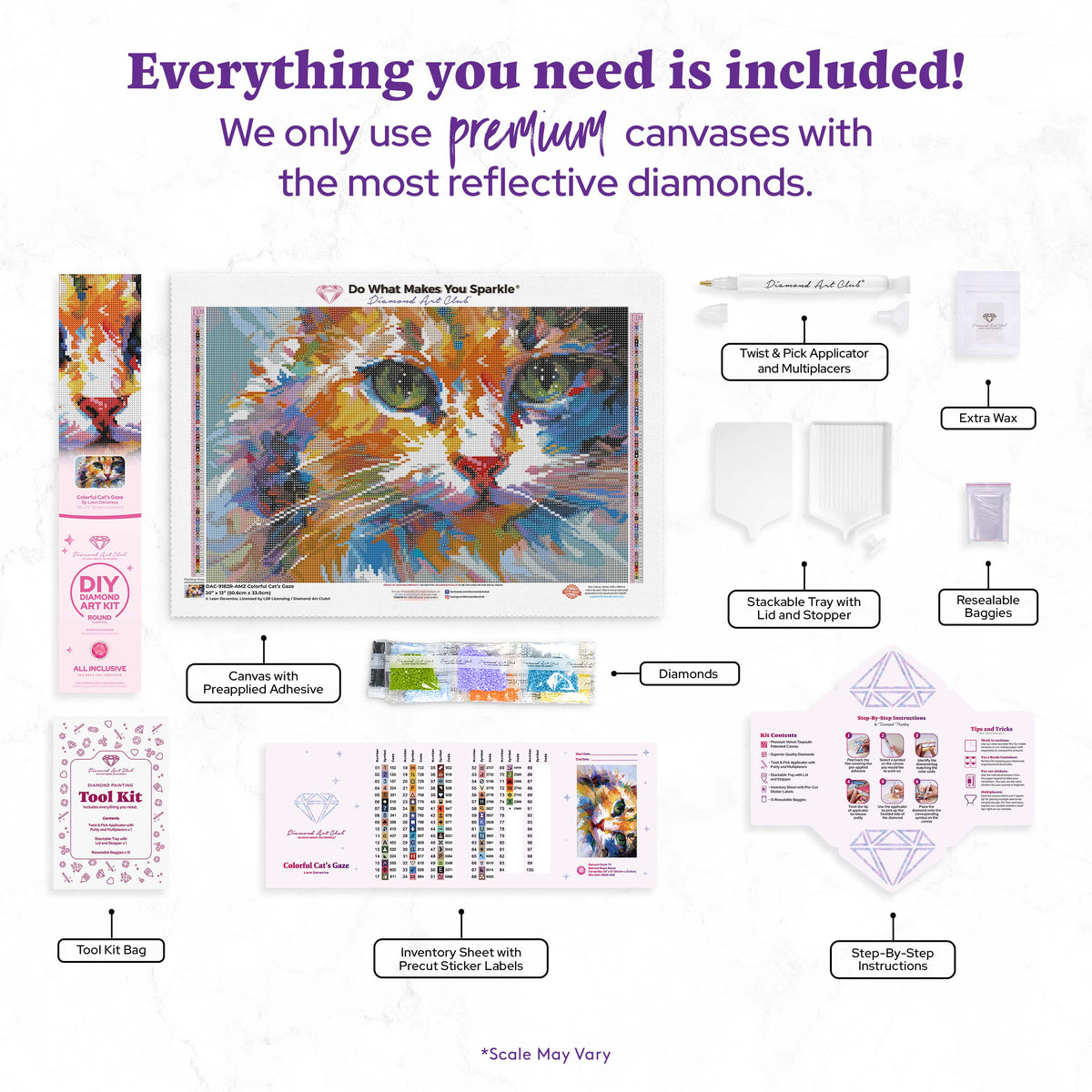 Diamond Painting Colorful Cat’s Gaze 20" x 13" (50.6cm x 33cm) / Round with 75 Colors including 1 AB and 6 Fairy Dust Diamonds / 22,080