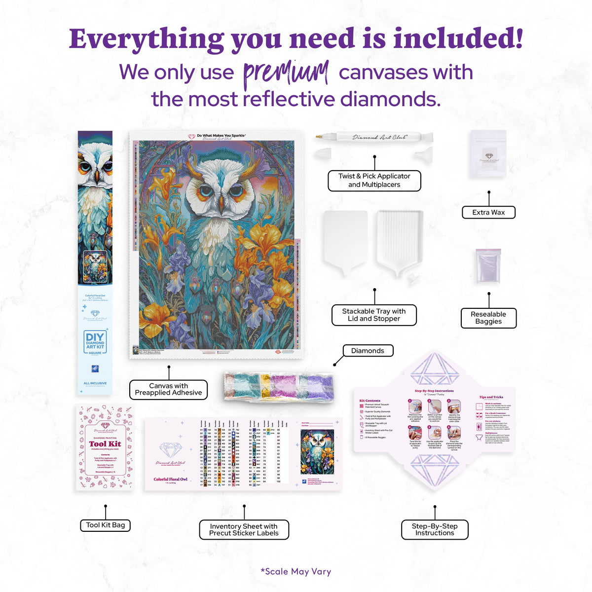 Diamond Painting Colorful Floral Owl 25.6" x 34.3" (65cm x 86.9cm) / Square With 70 Colors Including 2 ABs and 3 Fairy Dust Diamonds / 91,089