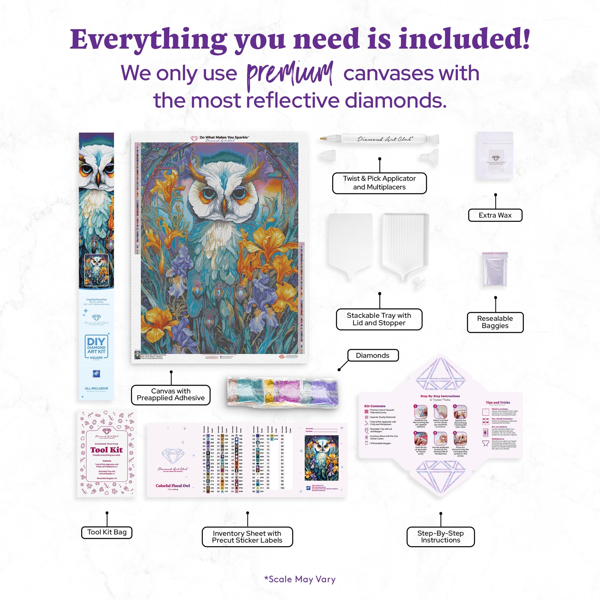 Diamond Painting Colorful Floral Owl 25.6" x 34.3" (65cm x 86.9cm) / Square With 70 Colors Including 2 ABs and 3 Fairy Dust Diamonds / 91,089