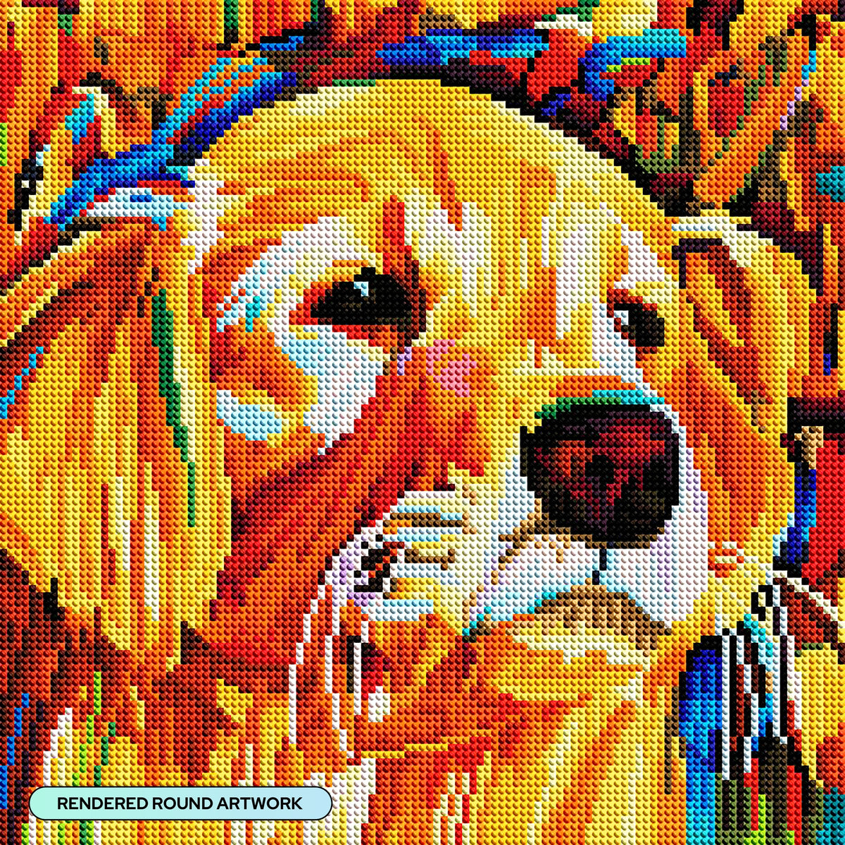 Diamond Painting Colorful Golden Retriever 13" x 13" (32.8cm x 32.8cm) / Round with 41 Colors including 3 ABs and 2 Fairy Dust Diamonds / 13,689