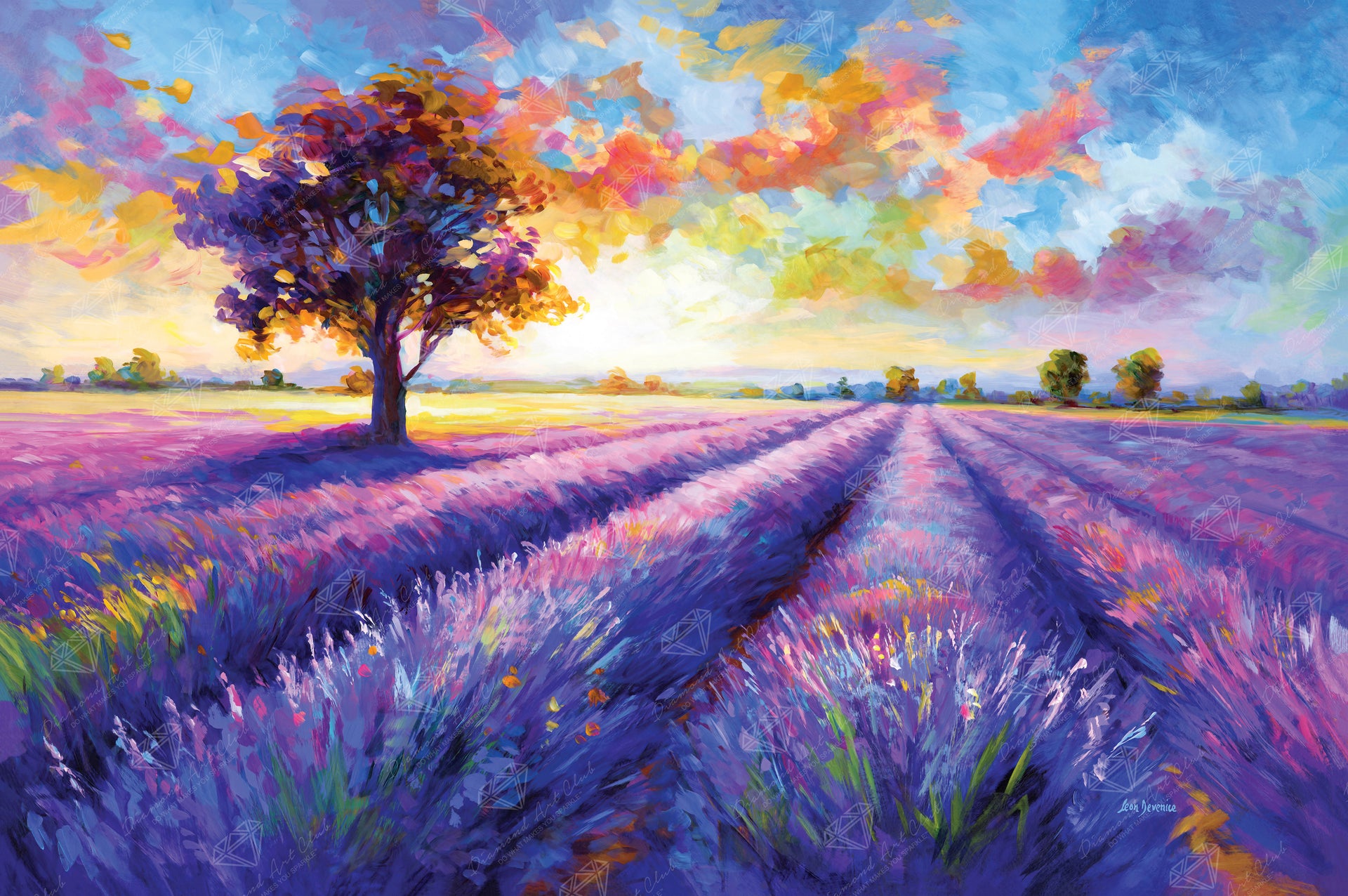 Diamond Painting Colorful Lavender Field Landscape 33" x 22" (83.7cm x 55.6cm) / Round with 55 Colors including 2 ABs and 4 Fairy Dust Diamonds / 61,408