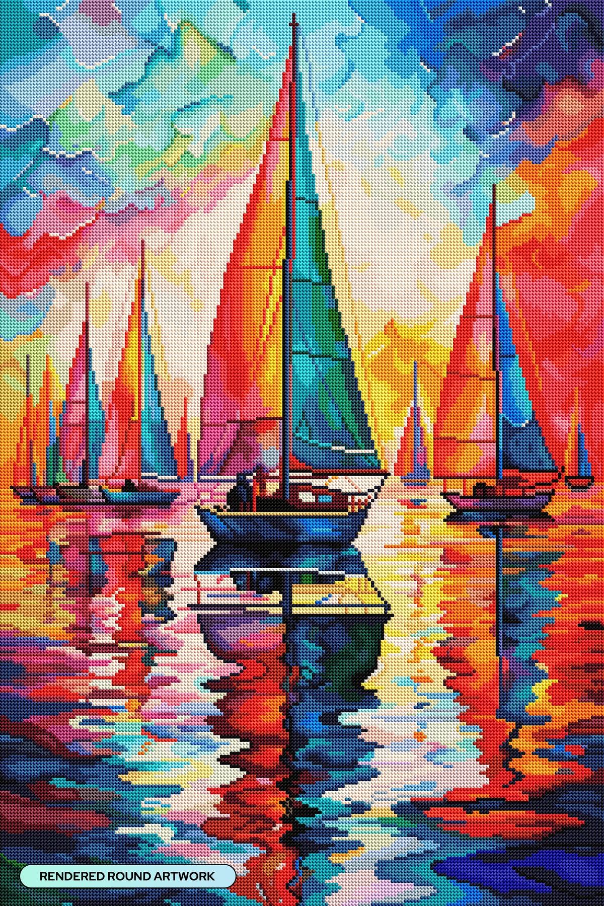 Diamond Painting Colorful Sailboats 20" x 30" (50.6cm x 76cm) / Round with 87 Colors including 2 ABs and 3 Fairy Dust Diamonds / 50,784