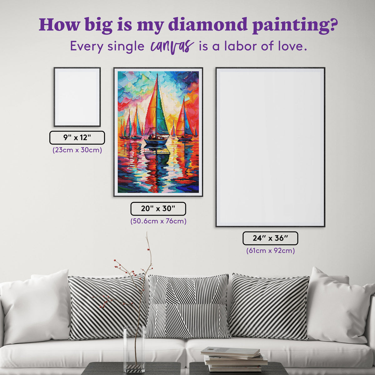 Diamond Painting Colorful Sailboats 20" x 30" (50.6cm x 76cm) / Round with 87 Colors including 2 ABs and 3 Fairy Dust Diamonds / 50,784