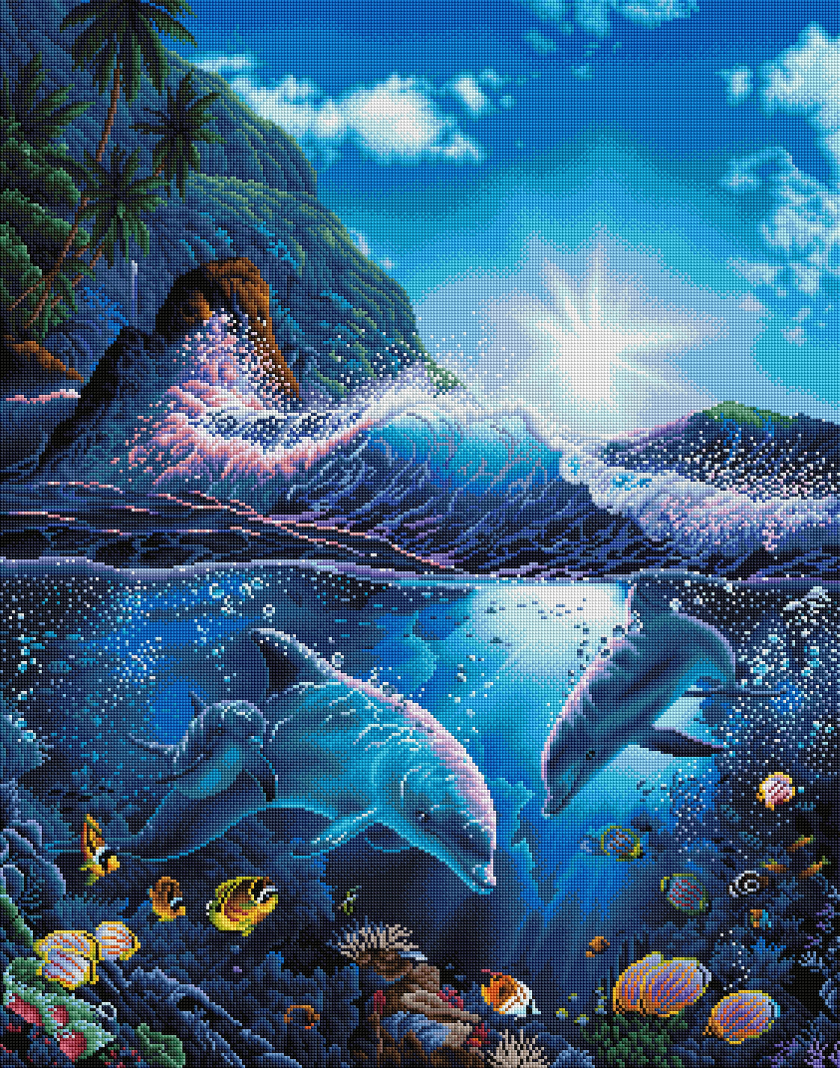 Diamond Painting Coral Sea Daytime Dolphins 27.6" x 35" (69.9cm x 88.9cm) / Square with 65 Colors including 3 ABs and 3 Fairy Dust Diamonds / 100,317