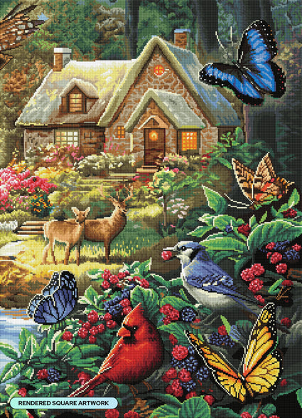 Diamond Painting Cottage in the Woods 23.6" x 32.7" (60cm x 83cm) / Square with 55 Colors including 3 ABs and 2 Fairy Dust Diamonds / 80,253