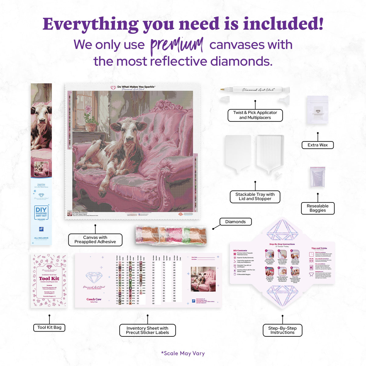 Diamond Painting Couch Cow 25.6" x 25.6" (65cm x 65cm) / Square with 47 Colors including 2 ABs and 2 Fairy Dust Diamonds / 68,121