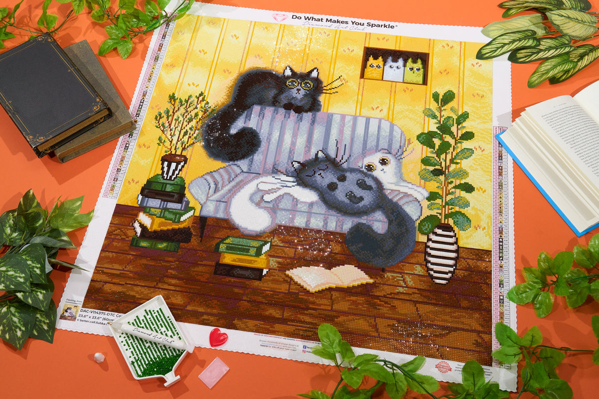 Diamond Painting Cozy Couch Companions 23.6" x 23.6" (60cm x 60cm) / Square With 63 Colors Including 2 ABs and 1 Iridescent Diamond and 1 Fairy Dust Diamond / 58,081