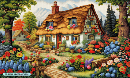 Diamond Painting Cozy Thatched Cottage in Bloom 42.5" x 25.6" (107.8cm x 65cm) / Square with 68 Colors including 2 ABs and 3 Fairy Dust Diamonds / 113,013
