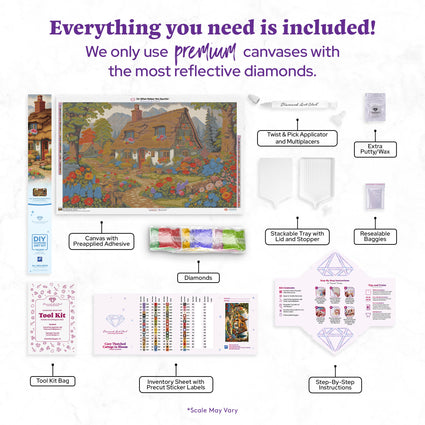 Diamond Painting Cozy Thatched Cottage in Bloom 42.5" x 25.6" (107.8cm x 65cm) / Square with 68 Colors including 2 ABs and 3 Fairy Dust Diamonds / 113,013