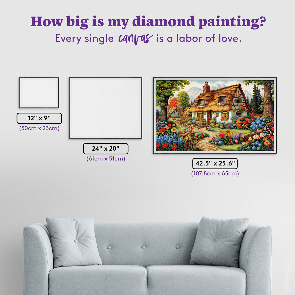 Diamond Painting Cozy Thatched Cottage in Bloom 42.5" x 25.6" (107.8cm x 65cm) / Square with 68 Colors including 2 ABs and 3 Fairy Dust Diamonds / 113,013
