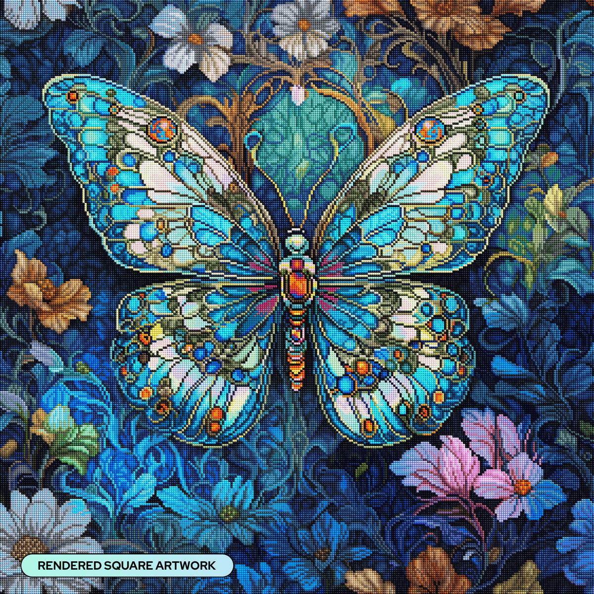 Diamond Painting Crystal Blue Butterfly 27.6" x 27.6" (69.9cm x 69.9cm) / Square With 77 Colors Including 4 ABs and 4 Fairy Dust Diamonds / 78,961